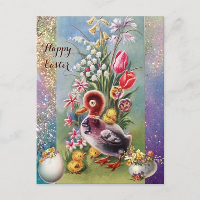 CARTES POUR FÊTES ANNUELLES PETIT CANARD, POULET, OEUFS DE PÂQUES AUX FLEURS (Devant)