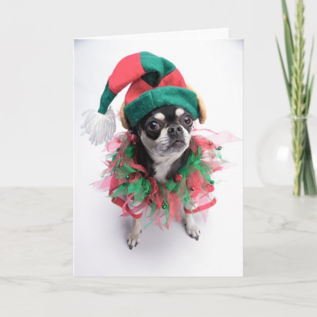 Cartes Pour Fêtes Annuelles Petit chien d'Elf de l'aide de Père Noël (Devant)