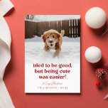 Cartes Pour Fêtes Annuelles Petit Chien Funny Animaux de compagnie Photo Noël<br><div class="desc">Célébrez les fêtes avec la "Carte de Noël pour animal de compagnie avec un chien mignon et amusant" Avec un message amusant, "Essayé d'être bon, mais être mignon était plus facile!" à côté d'un chien de compagnie joyeux courant dans la neige, cette carte ajoute humour à vos salutations de Noël....</div>