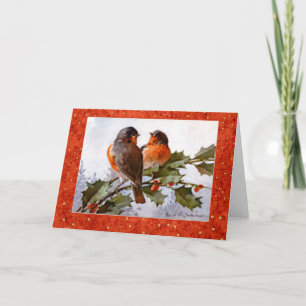 Cartes Pour Fêtes Annuelles Petit Christmas Robins on Green Holly Red Berries