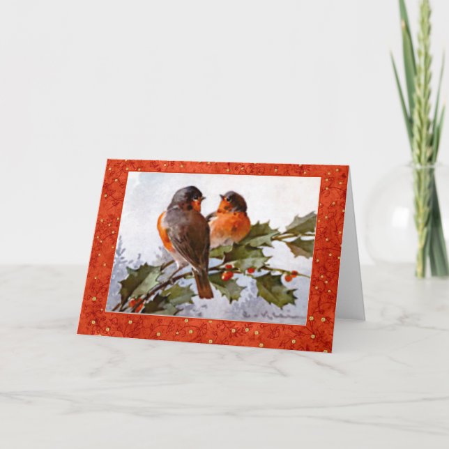 Cartes Pour Fêtes Annuelles Petit Christmas Robins on Green Holly Red Berries (Devant)