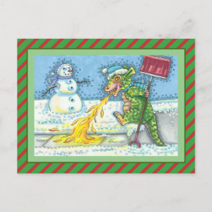 CARTES POUR FÊTES ANNUELLES PETIT DRAGON MELTING & SHOVELING NEIGE, FUNNY CUTE