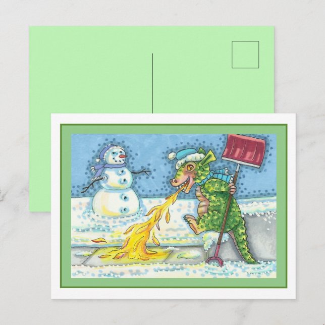 CARTES POUR FÊTES ANNUELLES PETIT DRAGON MELTING & SHOVELING NEIGE, FUNNY CUTE (Devant / Derrière)