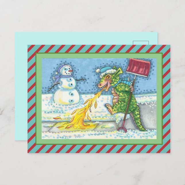 CARTES POUR FÊTES ANNUELLES PETIT DRAGON MELTING & SHOVELING NEIGE, FUNNY CUTE (Devant / Derrière)
