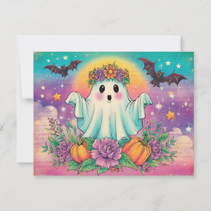 Cartes Pour Fêtes Annuelles Petit fantôme adorable avec une couronne