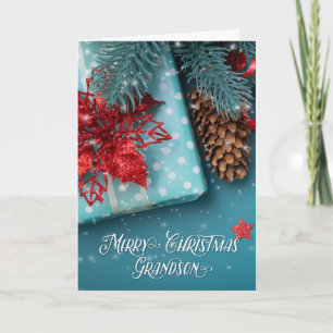 Cartes Pour Fêtes Annuelles Petit-fils Joyeux Noël Bleu et Rouge
