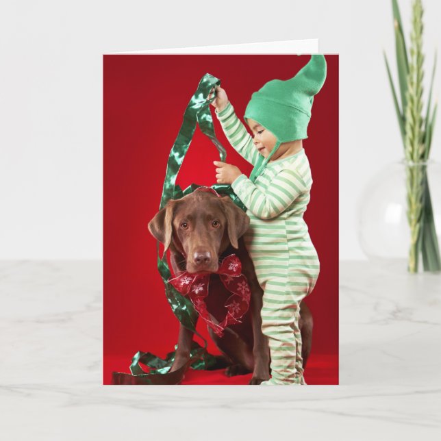 Cartes Pour Fêtes Annuelles Petit garçon décorant un chien (Devant)