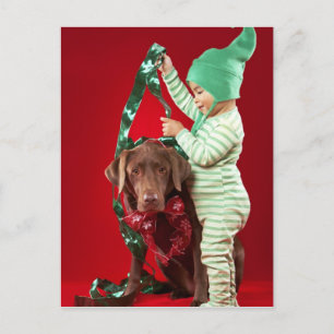 Cartes Pour Fêtes Annuelles Petit garçon décorant un chien