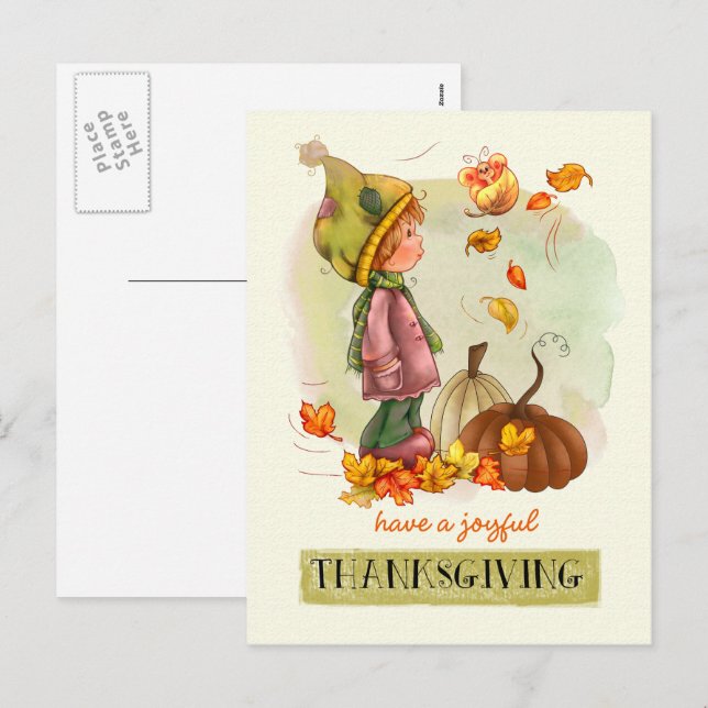 Cartes Pour Fêtes Annuelles Petit garçon et papillon Thanksgiving (Devant / Derrière)