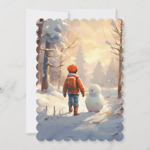 Cartes Pour Fêtes Annuelles Petit garçon jouant avec un bonhomme de neige en f