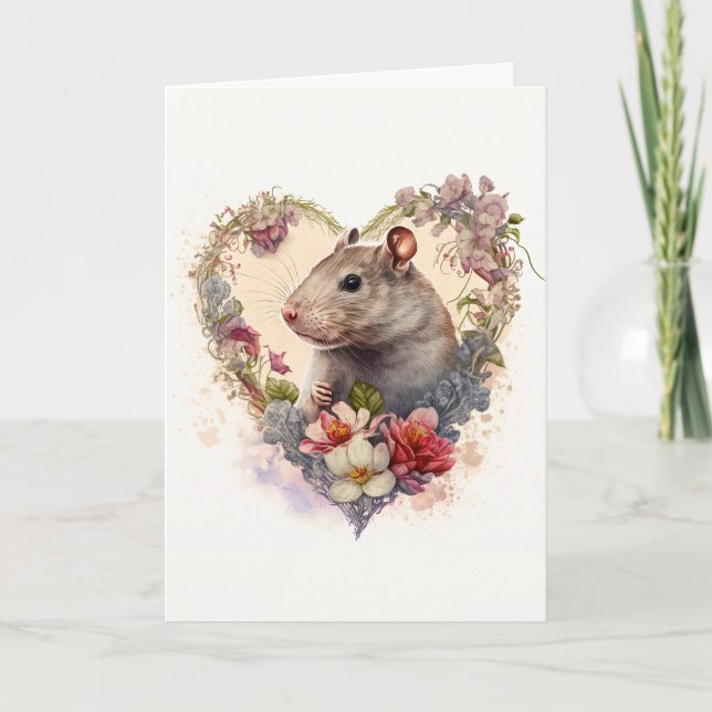 Cartes Pour Fêtes Annuelles Petit Rat sucré dans le coeur des fleurs Saint-Val (Devant)
