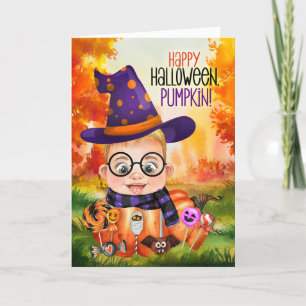 Cartes Pour Fêtes Annuelles Petit sorcier dans une Halloween Citrouille