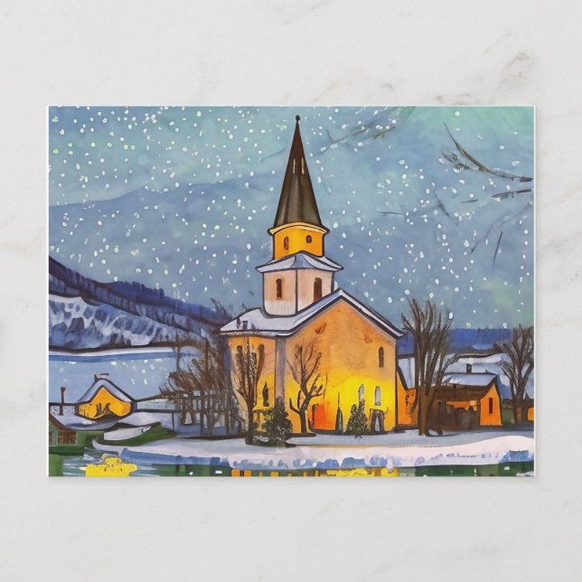Cartes Pour Fêtes Annuelles Petite église dans le village en hiver (Devant)