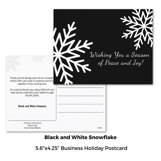 Cartes Pour Fêtes Annuelles Petite entreprise de flocon de neige noir et blanc (5.6x4.25 Inch, Minimal Black and White Winter Snowflake Business Holiday Postcard)