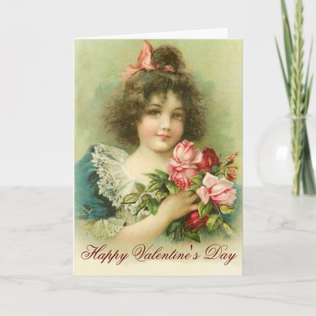 Cartes Pour Fêtes Annuelles Petite fille aux roses roses roses Saint Valentin (Devant)
