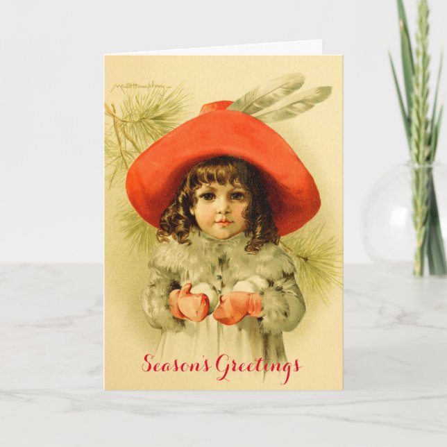Cartes Pour Fêtes Annuelles Petite fille avec Casquette rouge Jouer Snowball,  (Devant)