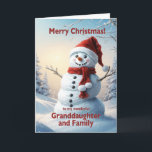 Cartes Pour Fêtes Annuelles Petite-fille et famille Noël Snowman<br><div class="desc">Une scène d'hiver festive montrant un joyeux bonhomme de neige dans un casquette rouge et foulard. Souhaitez à votre petite-fille et à sa famille un joyeux Noël avec une belle carte de bonhomme de neige.</div>