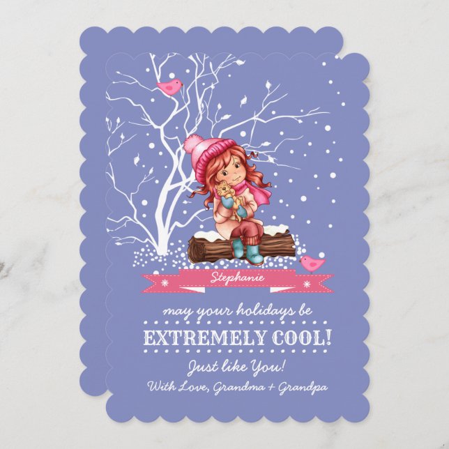 Cartes Pour Fêtes Annuelles Petite fille et Kitty | Nom personnalisé (Devant / Derrière)