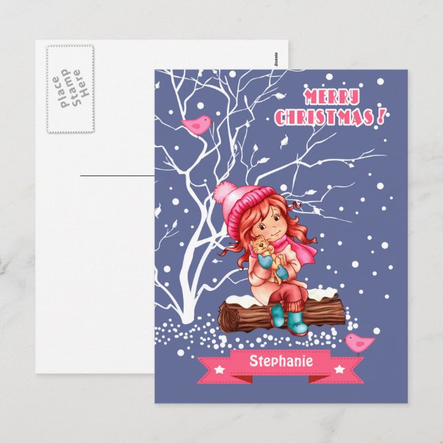 Cartes Pour Fêtes Annuelles Petite fille et Kitty | Nom personnalisé Noël (Devant / Derrière)