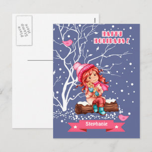 Cartes Pour Fêtes Annuelles Petite fille et Kitty Nom personnalisé Noël