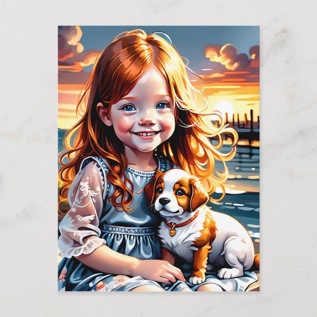 Cartes Pour Fêtes Annuelles Petite fille et un adorable petit chiot (Devant)