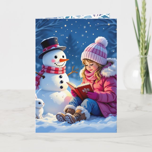 Cartes Pour Fêtes Annuelles Petite fille Lire une histoire à un Noël de Snowma (Devant)