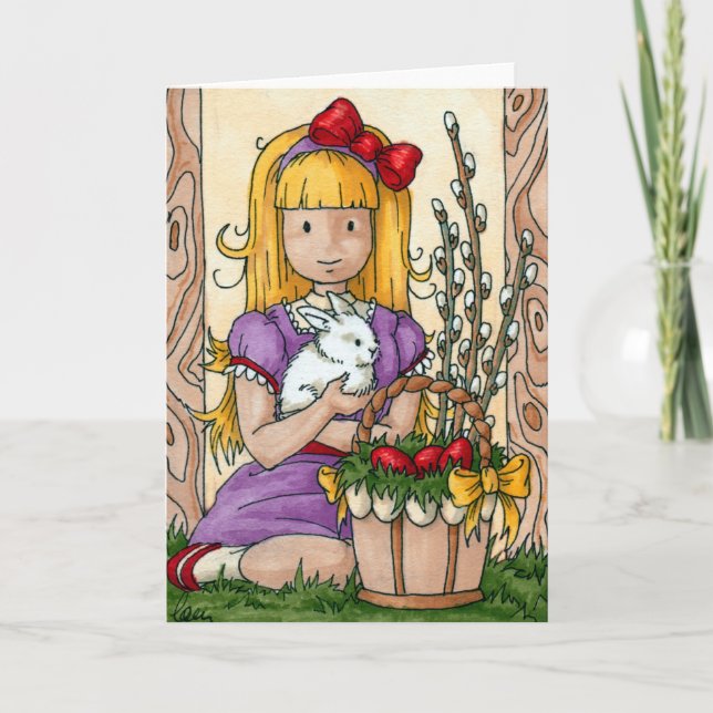 Cartes Pour Fêtes Annuelles Petite fille mignonne avec lapin de Pâques (Devant)