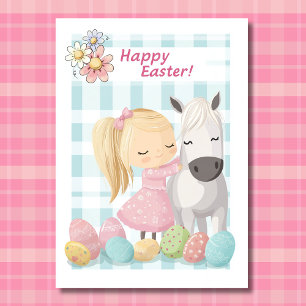 Cartes Pour Fêtes Annuelles Petite fille mignonne avec poney - Cheval Pâques