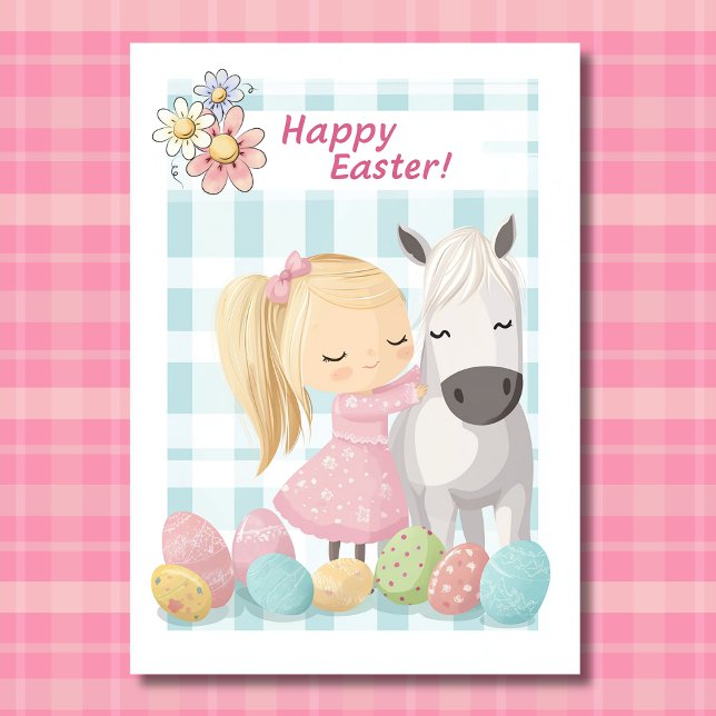 Cartes Pour Fêtes Annuelles Petite fille mignonne avec poney - Cheval Pâques (Front - Cute Little Girl with Pony – Horse Easter Holiday Card)