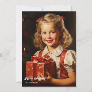 Cartes Pour Fêtes Annuelles Petite fille rétro avec cadeau de Noël