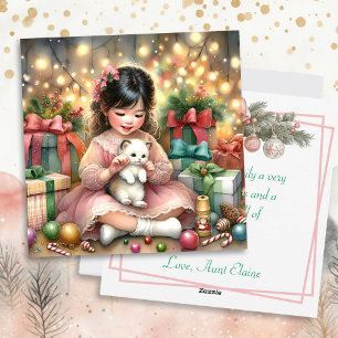 Cartes Pour Fêtes Annuelles Petite fille Vintage en rose avec chaton Noël