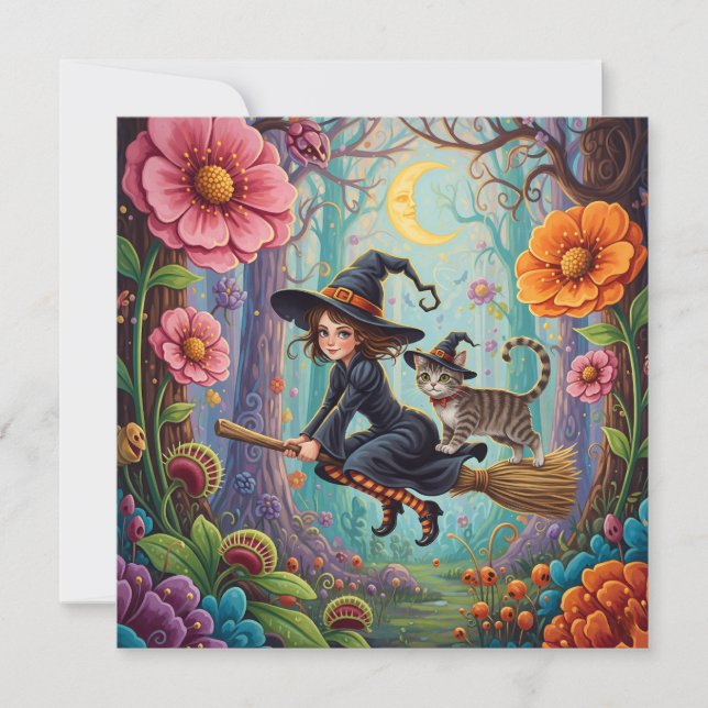 Cartes Pour Fêtes Annuelles Petite sorcière sur le balai et chat Halloween  (Devant)