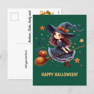 Cartes Pour Fêtes Annuelles Petite sorcière sur son balai - Bonne Halloween