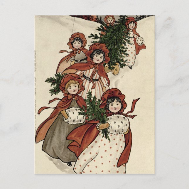 Cartes Pour Fêtes Annuelles Petites filles avec Holly et l'arbre de Noël (Devant)