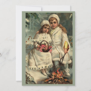 Cartes Pour Fêtes Annuelles Petites filles se réchauffer par le feu, Vintage
