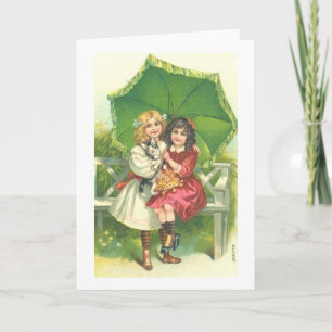 Cartes Pour Fêtes Annuelles Petites Filles Sous Parapluie Vert