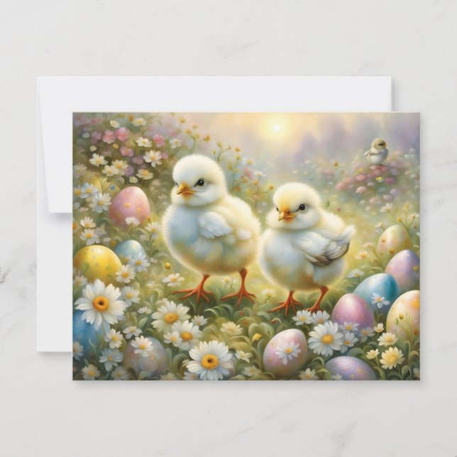 Cartes Pour Fêtes Annuelles Petits poussins dans la prairie avec oeufs de Pâqu (Devant)