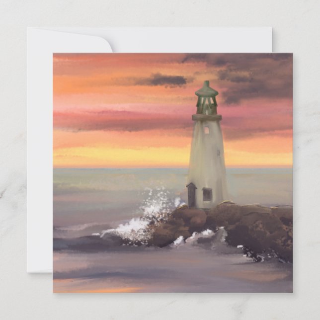 Cartes Pour Fêtes Annuelles Phare Côtier Avec Ciel Rose Et Orange (Devant)