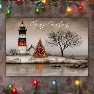 Cartes Pour Fêtes Annuelles Phare côtier enneigé avec arbre de Noël