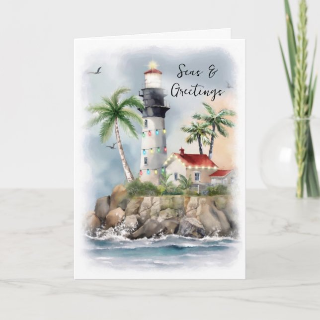 Cartes Pour Fêtes Annuelles Phare Palm Tree Sea Coastal Christmas (Devant)