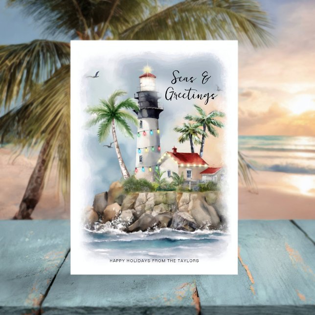 Cartes Pour Fêtes Annuelles Phare Palm Tree Sea Coastal Christmas (Créateur téléchargé)
