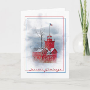Cartes Pour Fêtes Annuelles phare rouge de la saison dans la neige