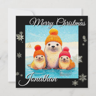 Cartes Pour Fêtes Annuelles Phoques mignons avec chapeaux tricotés illustratio
