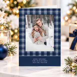 Cartes Pour Fêtes Annuelles Photo à carreaux bleus Premier Noël mariés plié