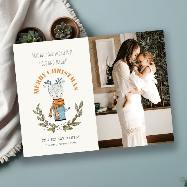 Cartes Pour Fêtes Annuelles Photo amusante Doux moche Reindeer feuilleté Noël (Créateur téléchargé)