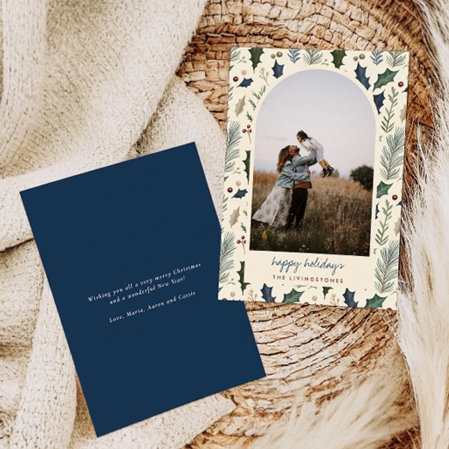 Cartes Pour Fêtes Annuelles Photo Arc Feuille de la Marine moderne Holly & Pin (Créateur téléchargé)