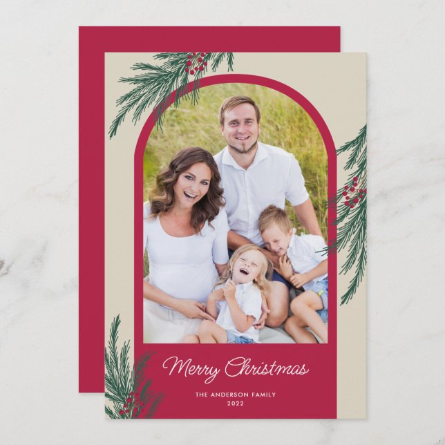 Cartes Pour Fêtes Annuelles Photo Arché hiver verdure Joyeux Noël (Devant / Derrière)