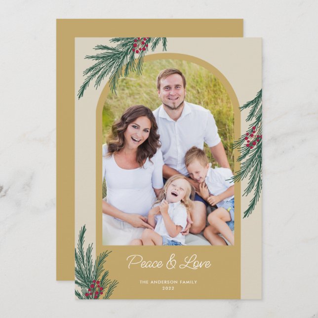 Cartes Pour Fêtes Annuelles Photo Arché Hiver Verdure Paix & Amour (Devant / Derrière)