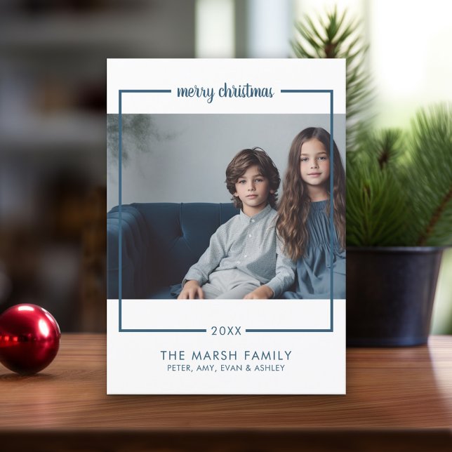 Cartes Pour Fêtes Annuelles Photo avec bordure minimale Joyeux Noël bleu (Online Christmas Card - Print and Download Options)