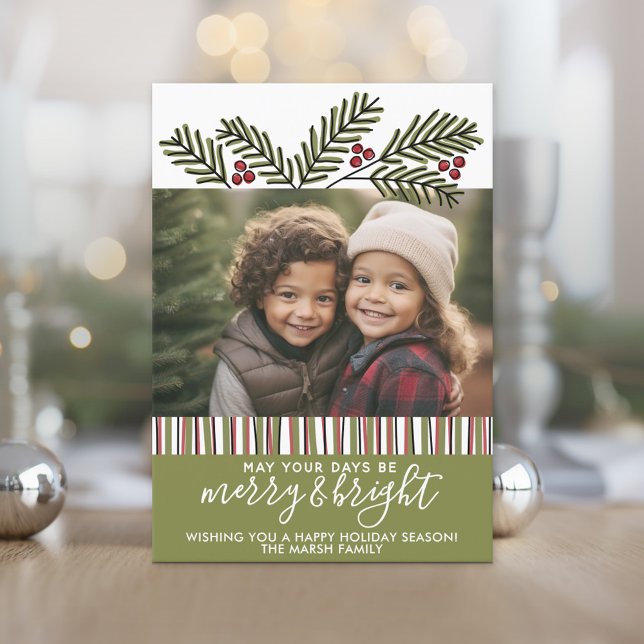 Cartes Pour Fêtes Annuelles Photo avec Branches de pin de Noël Retro (Photo Christmas Card)